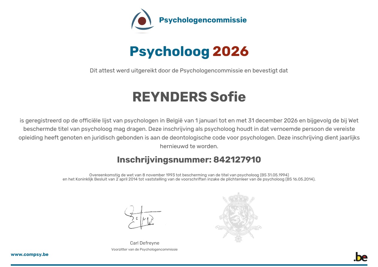 Certificaat Psychologencommissie van Sofie Reynders